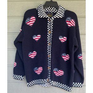 Vintage Accento Hand Loomed Button Front Cardigan American Flag Hearts Small